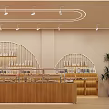 Cozy Dessert Shop Interior With Wooden Counter And Arc Shelves
