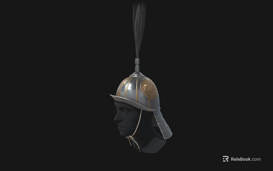 Ancient Metal Helmet With Golden Patterns Tall Feather Plume And Historical Protective Gear Design 3d model 