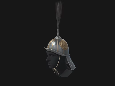 Ancient Metal Helmet With Golden Patterns Tall Feather Plume And Historical Protective Gear Design 3d model