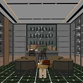 Wine Cellar Interior With Dark Wooden Racks Bottles Bar Counter Chairs And Green Tiled Floor