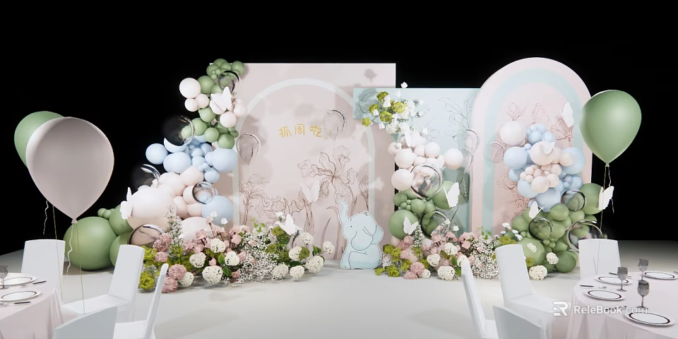 Spring Wedding Decor With Pastel Backdrop Balloon Arch And Rabbit Elements 3d model 