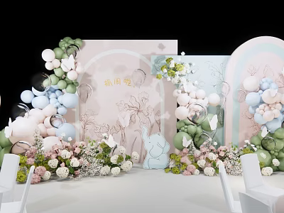 Spring Wedding Decor With Pastel Backdrop Balloon Arch And Rabbit Elements 3d model