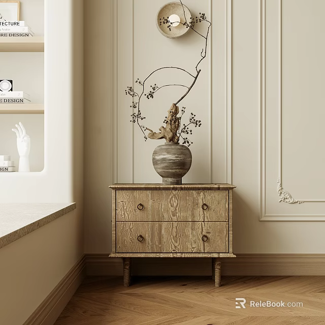 Light Wood Bedside Table With Drawers And Decorative Vase In Neutral Toned Room 3d model 