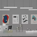 Modern Interior Design With Decorative Paintings Hanging Pendant Lights White Bathtub And Display Shelves