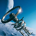 Futuristic Orbital Space Station With Ring Structure Near Moon And Earth