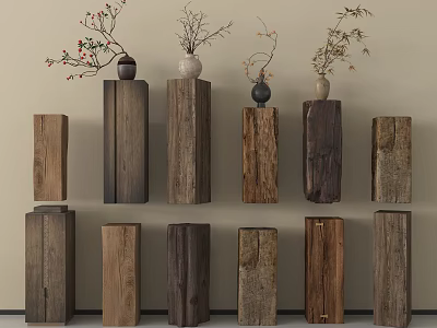 Assorted Wooden Pillars With Decorative Vases And Plants On Wall 3d model