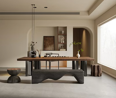 Minimalist Modern Tea Room With Wooden Table Natural Light And Art Decor 3d model