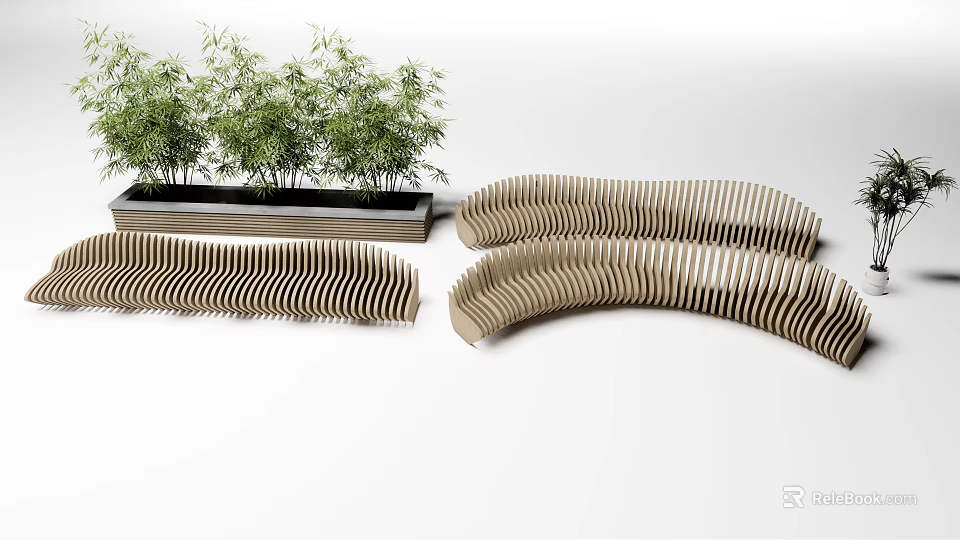 Outdoor Landscape Seats With Curved Wooden Design And Green Bamboo Plants 3d model 