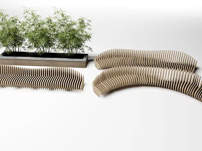 Outdoor Landscape Seats With Curved Wooden Design And Green Bamboo Plants 3d model