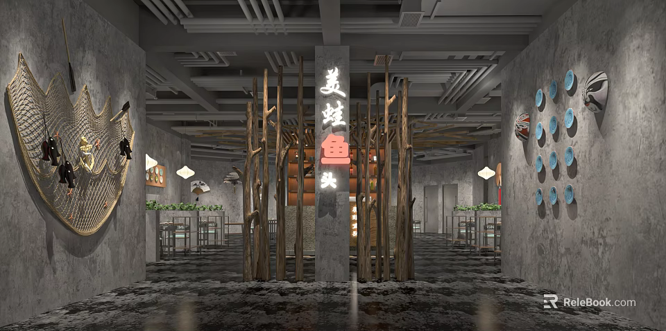 Stylish Hot Pot Restaurant Interior With Wooden Partition Gray Walls And Frog Fish Specialties 3d model 