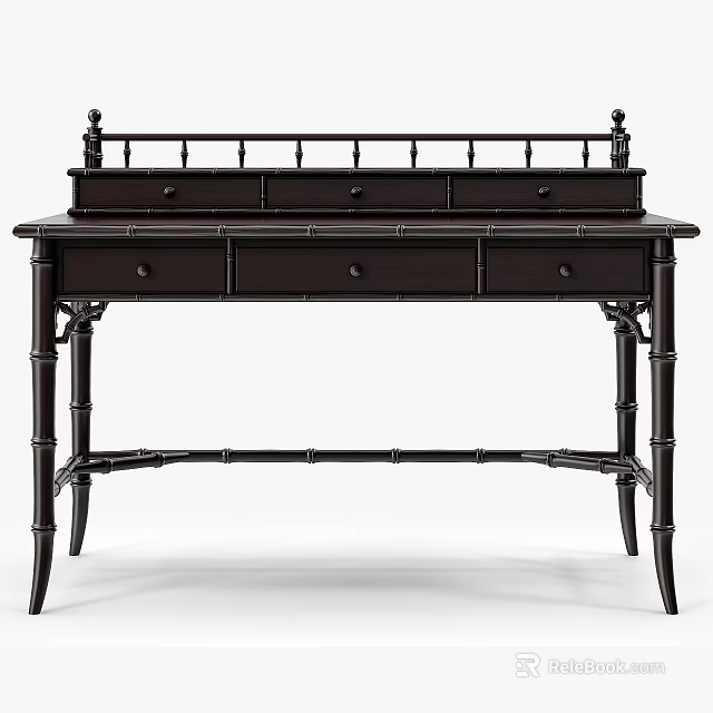 Dark Brown Traditional Dresser With Bamboo Style Legs And Decorative Drawers 3d model 