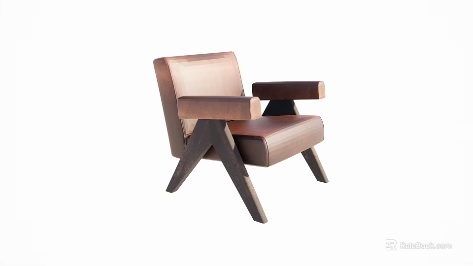 Brown Leather Single Sofa With Wooden Legs And Modern Minimalist Design 3d model 