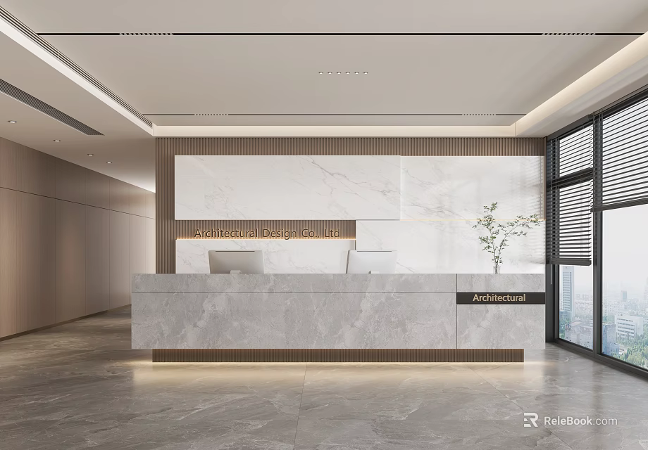 Modern Reception Desk With Marble Counter Wooden Accent Wall And Green Plant 3d model 