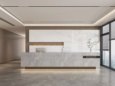 Modern Reception Desk With Marble Counter Wooden Accent Wall And Green Plant 3d model