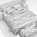 Modern Double Bed With Black Frame Striped Pillows Gray Bedding And Glass Nightstands