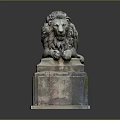 Detailed Reclining Lion Sculpture With Carved Pedestal And Artistic Carving Details