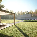 Modern Garden Landscape Design With Green Lawn Gravel Path And Surrounding Trees