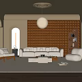 Modern Living Room Interior With Beige Sofa Dark Bookshelf Round Pendant Light And Area Rug