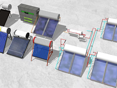 Solar Powered Household Appliances With Water Heaters Collectors And Piping System 3d model
