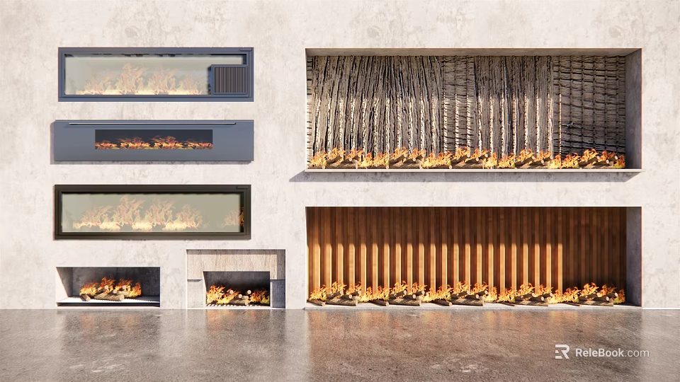 Various Modern Fireplace Designs With Burning Flames For Interior 3d model 