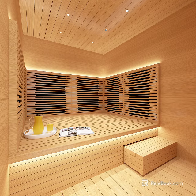 Wooden Sauna Interior Design With Illuminated Benches Water Kettle And Magazines 3d model 