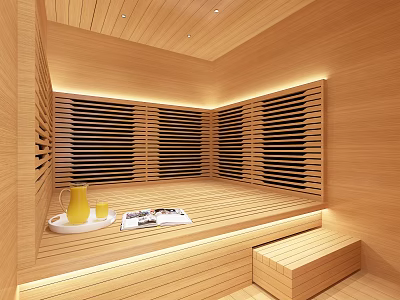 Wooden Sauna Interior Design With Illuminated Benches Water Kettle And Magazines 3d model