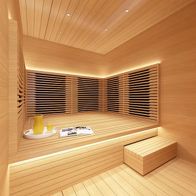 Wooden Sauna Interior Design With Illuminated Benches Water Kettle And Magazines 3d model