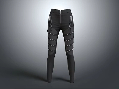 Black Slim Fit Pants With Front Zipper And Side Stud Embellishments 3d model