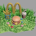 McDonalds Themed Fast Food Display With Burger Fries Milkshake And Colorful Eggs On Green Grass