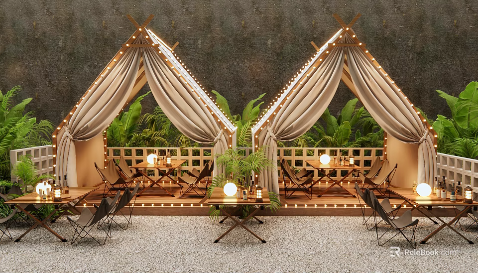 Cozy Outdoor Bar With Tent Like Structures Beige Curtains Green Plants And Wooden Flooring 3d model 
