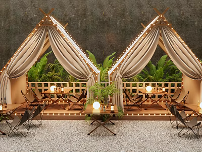 Cozy Outdoor Bar With Tent Like Structures Beige Curtains Green Plants And Wooden Flooring 3d model