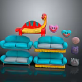Blue Multi Seat Sofas with Decorative Toys Smiley Face and Dinosaur Accents