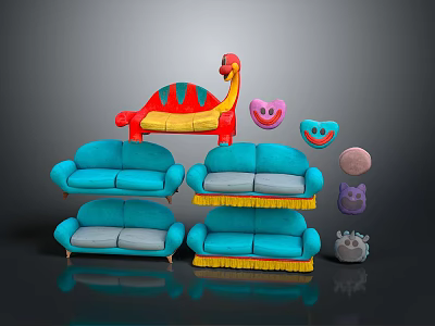 Blue Multi Seat Sofas with Decorative Toys Smiley Face and Dinosaur Accents 3d model
