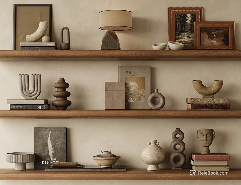 Stylish Decorative Ornaments Set On Wooden Shelves With Sculptures Photo Frames And Table Lamp 3d model 
