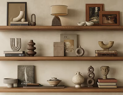 Stylish Decorative Ornaments Set On Wooden Shelves With Sculptures Photo Frames And Table Lamp 3d model