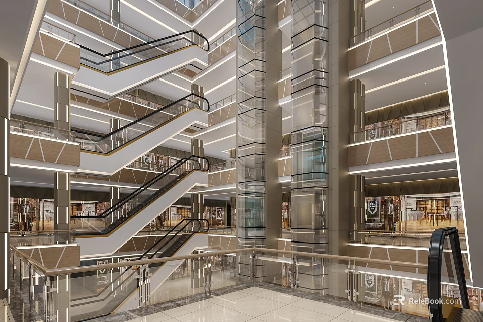Shopping Mall Lobby With Glass Elevator Staircases And Modern Lighting Design 3d model 