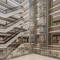 Shopping Mall Lobby With Glass Elevator Staircases And Modern Lighting Design