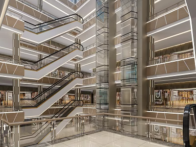 Shopping Mall Lobby With Glass Elevator Staircases And Modern Lighting Design 3d model