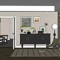 Elegant Clubhouse Interior With Dark Cabinet Decorations Plants Green Chair And Black White Patterned Rug