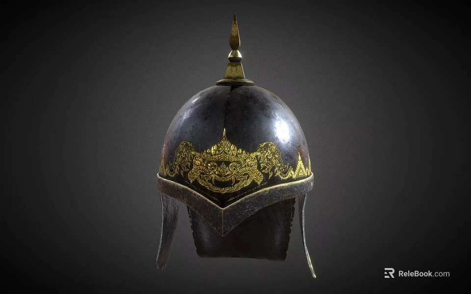 Traditional Ancient Weapon Helmet With Dark Metal Surface And Gold Decorative Spiked Top 3d model 