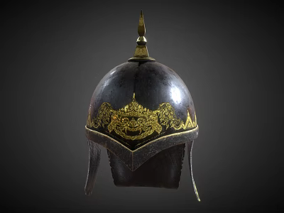 Traditional Ancient Weapon Helmet With Dark Metal Surface And Gold Decorative Spiked Top 3d model