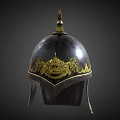 Traditional Ancient Weapon Helmet With Dark Metal Surface And Gold Decorative Spiked Top