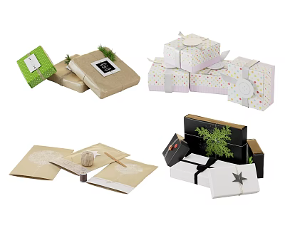 Colorful Household Gift Wrapping Supplies Including Decorative Boxes Pine Branches And Star Accents 3d model