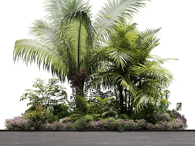 Lush Tropical Palm Trees and Green Plants with Purple Flowers on Wooden Platform 3d model