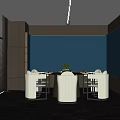 Private Dining Box Interior With Round Table White Chairs Blue Patterned Wall And Ceiling Light 3d model