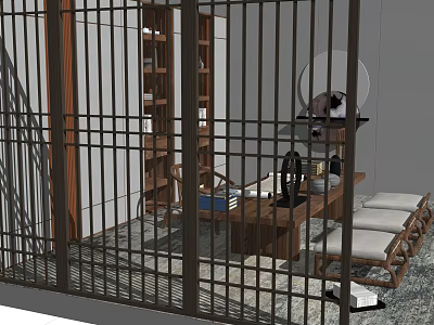 Traditional Chinese Wooden Tea Table And Chairs Interior With Bookshelf And Tea Sets 3d model