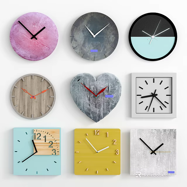 Colorful Decorative Clocks With Various Shapes And Unique Dial Designs 3d model 