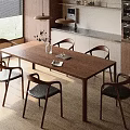 Modern Wooden Dining Table with Six Curved Chairs Vase Plants Open Book in Modern Kitchen