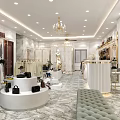 Stylish Clothing Store Interior With Chandelier Fan Racks Clothes White Display Tables And Marble Flooring