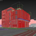 Industrial Factory Building Featuring Multi Storey Structure Red Doors Staircase Roof Logo And Greenery